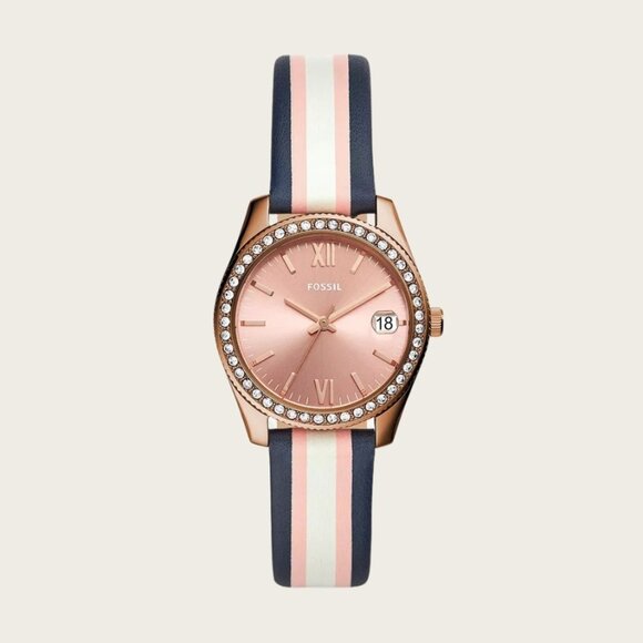 Fossil ES4595 Scarlette Mini Three-Hand Date Striped Navy Leather Watch - Picture 1 of 6